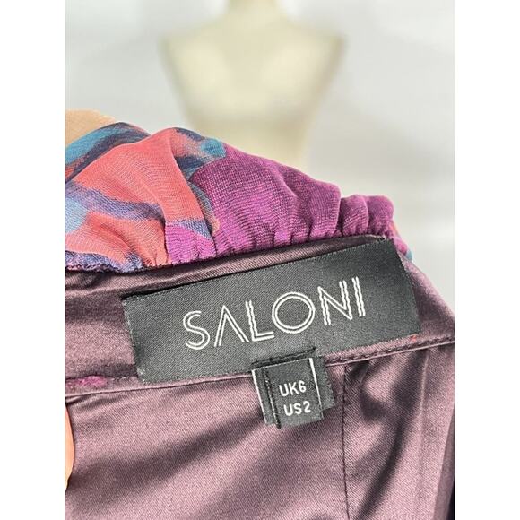 SALONI Sz 2 US 6 UK Plum Purple Floral Grace Off The Shoulder Dress - Picture 3 of 10